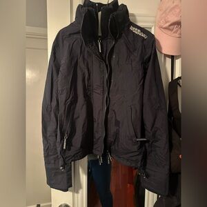 Superdry Japan New Rib Collar Navy Blue Water Repellent Doublezip Jacket Women M